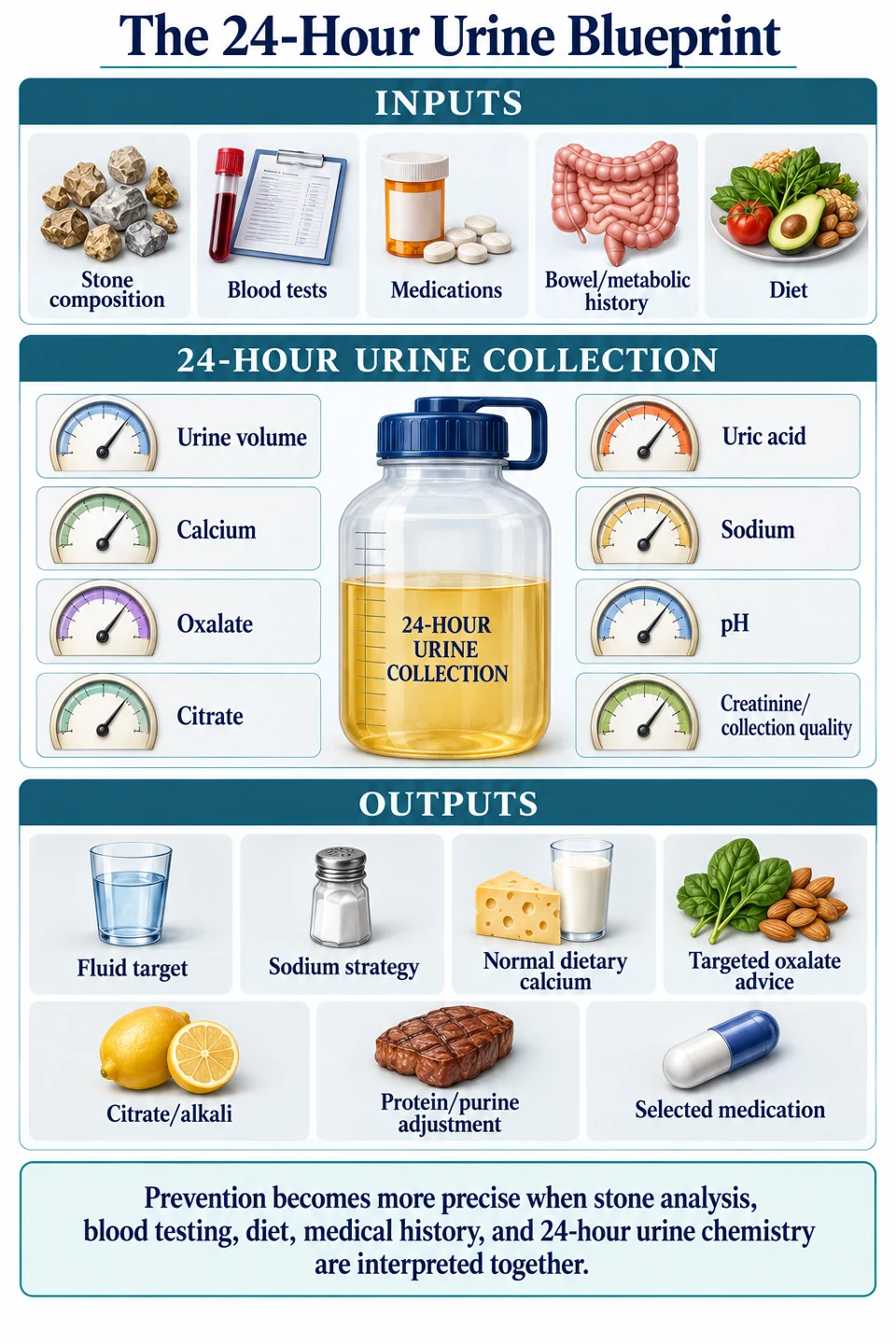 La composición del cálculo, los análisis de sangre, los medicamentos, los antecedentes y la dieta se integran con la orina de 24 horas para orientar un plan preventivo individualizado.