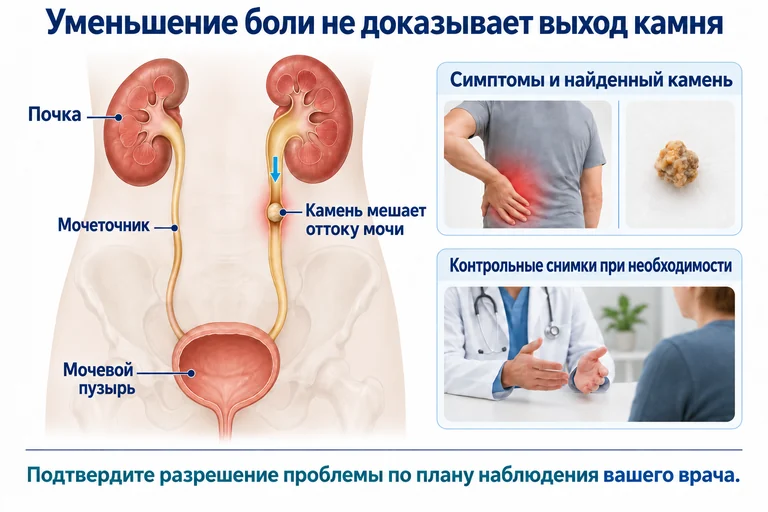 Уменьшение боли не доказывает выход камня